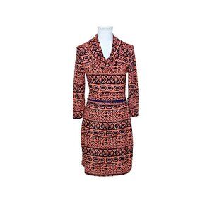 Maude Womens Coral and Blue Aztec Geometric Cowl Neck Belted Midi Dress Sz Large